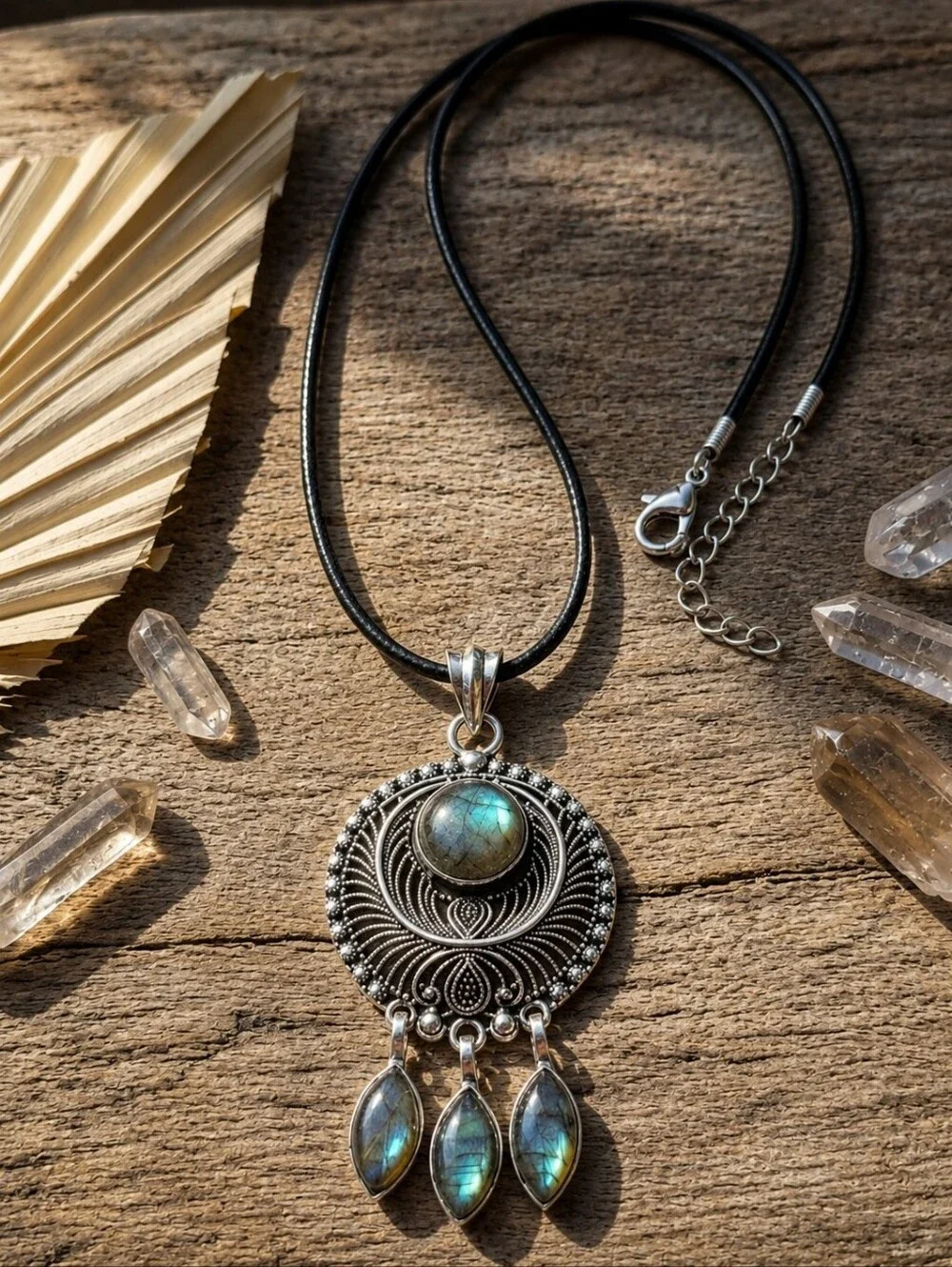 Sterling Silver Labradorite Mandala Dreamcatcher Medallion Pendant Necklace Boho